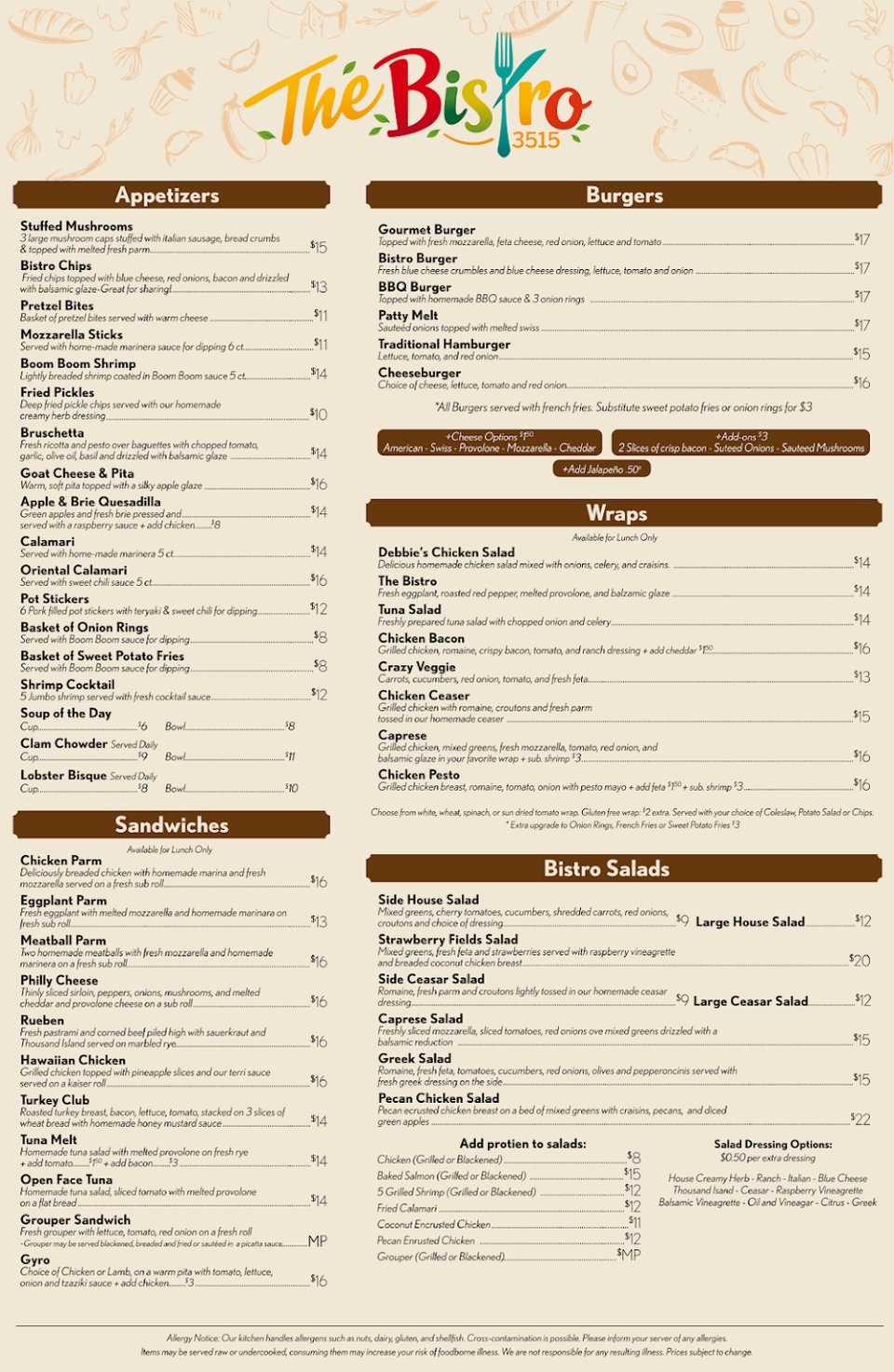 Menu page showing Italian-American lunch selections.