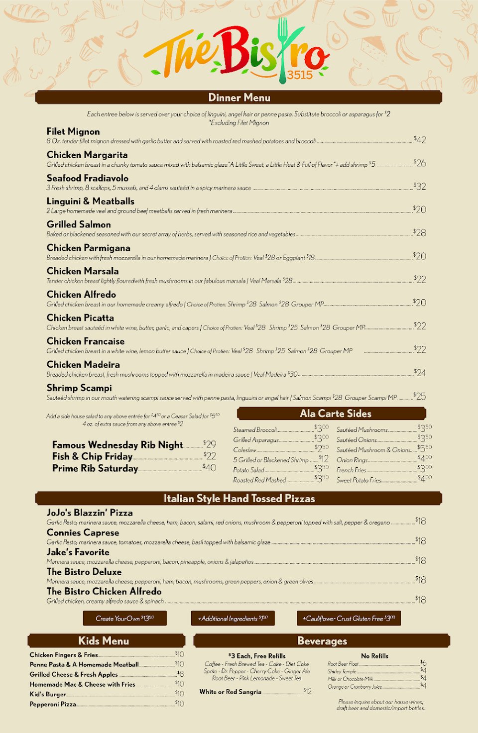 Printed menu with pasta, pizza, and seafood choices.